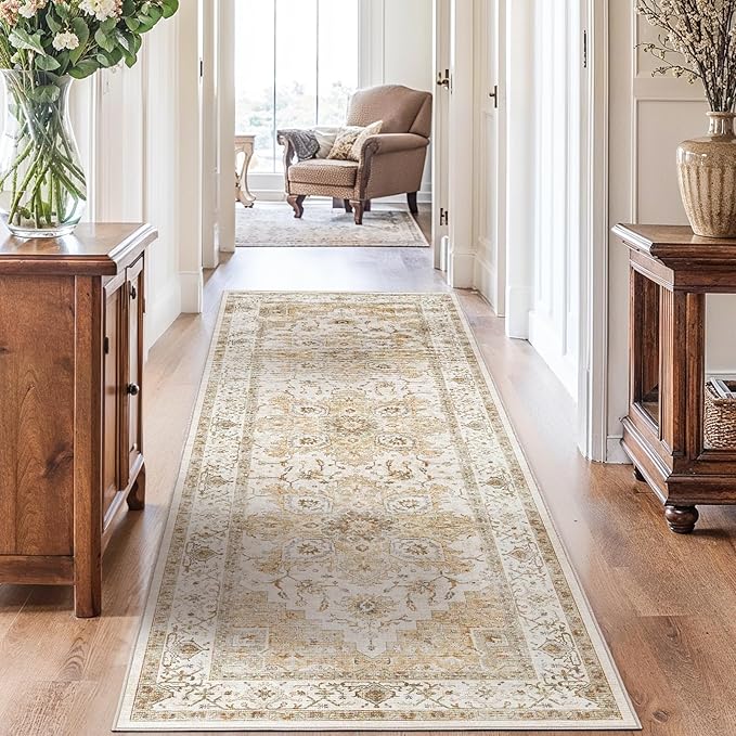 AMADA HOMEFURNISHING 2'6"x8' Washable Area Rug, Low-Profile Entryway Rug with Non-Slip Backing & Durable Edge Binding, Vintage Rug Pattern, Small Rugs for Entryway, Kitchen & Living Room