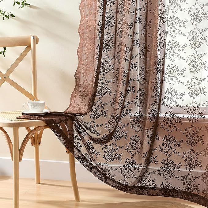 YJ YANJUN Vintage Lace Curtains 108 Inches Long-Victorian Floral Pattern Brown Sheer Curtain Panels for Living Room Tall Windows,Light Filtering, Rustic Farmhouse Neutral Decor 2 Panels 52W x 108L