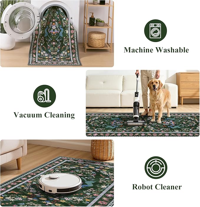 HEBE Washable Hallway Runner Rug 2'x 8' Non Slip Kitchen Rugs Runner,Low Pile Entryway Rug Laundry Room Mat Floral Carpet Runners for Hallways, Kitchen,Bathroom,Laundry,Bedside Rug