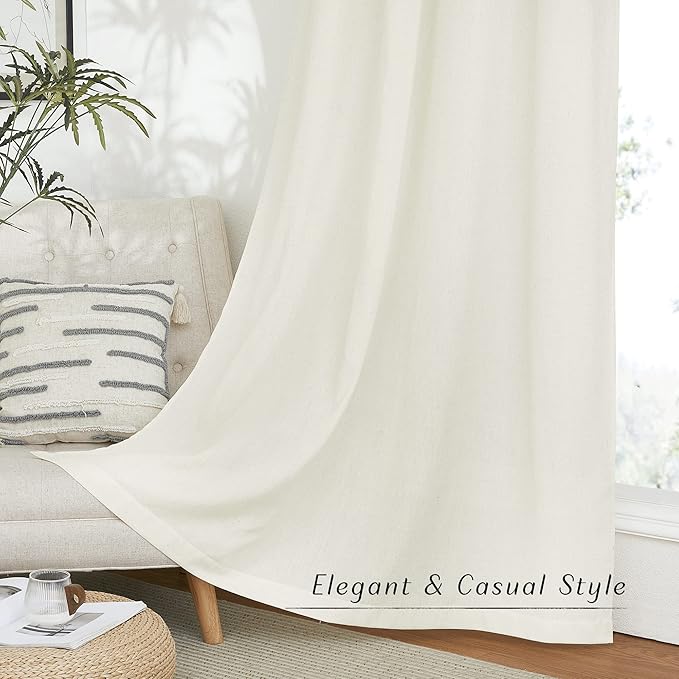 NICETOWN Thick Linen Bedroom Curtains 90 inches Long, Grommet Privacy Assured Semi Sheer Linen Burlap Drapes with Some Light Filtering for Living Room, Off White, W55 x L90, 1 Pair