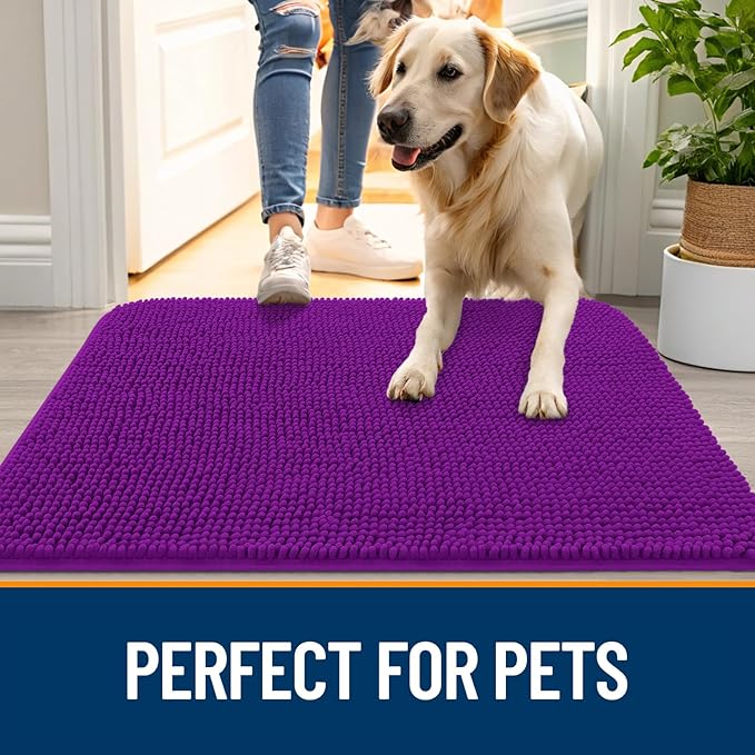 OLANLY Dog Door Mat for Muddy Paws 47x17, Absorbs Moisture and Dirt, Absorbent Non-Slip Washable Doormat, Quick Dry Chenille Mud Mat for Dogs, Entry Indoor Entryway Carpet for Inside Floor, Purple