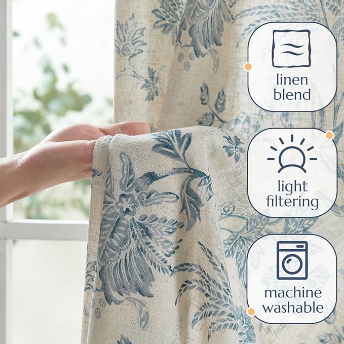 jinchan Linen Floral Curtains for Living Room with Printed Flower 63 Inches Long Light Filtering French Country Back Tab Rod Pocket Blue Window Curtain Set Farmhouse Drapes 2 Panels Blue