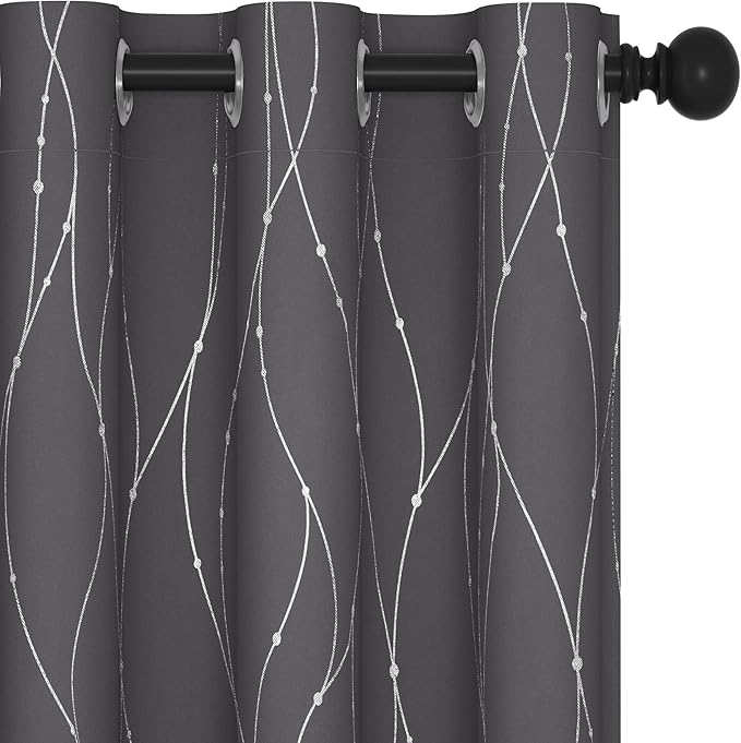 Deconovo Grey Curtains for Living Room, Blackout Drapes, Protect Pravicy Thermal Insulated Soundproof Window Drape, Wave Dots Foil Print, 42 x 95 Inch, Set of 2 Panels for Bedroom Sliding Glass Door