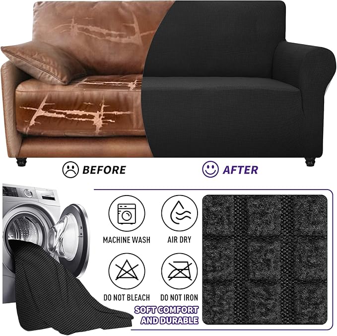 ZNSAYOTX Super Stretch Couch Cover Love Seat Sofa Covers for Living Room Dogs Pet Friendly Furniture Protector Spandex Loveseat Slipcovers with Anti Slip Foam Sticks (Black, Loveseat)
