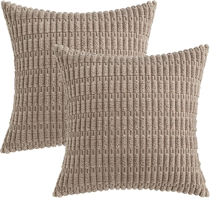 MIULEE Pack of 2 Corduroy Decorative Throw Pillow Covers 18x18 Inch Soft Boho Striped Pillow Covers Modern Farmhouse Home Decor for Sofa Living Room Couch Bed Light Brown