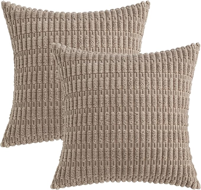 MIULEE Pack of 2 Corduroy Decorative Euro Sham Throw Pillow Covers 24x24 Inch Soft Boho Striped Pillow Covers Modern Farmhouse Home Decor for Sofa Living Room Couch Bed Light Brown