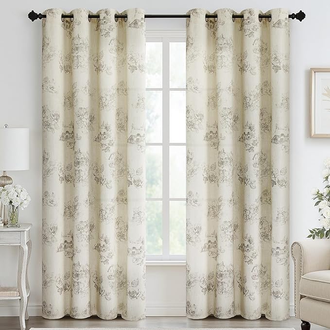Yakamok Grey Floral Linen Curtains for Living Room 84 Inches Long,Printed Floral Curtains Farmhouse Grommet Bedroom Curtain 2 Panels