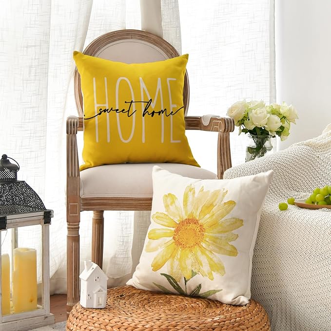 AVOIN colorlife Home Sweet Home Spring Summer Flowers Yellow Throw Pillow Covers, 20 x 20 Inch Cushion Case for Sofa Couch Set of 4