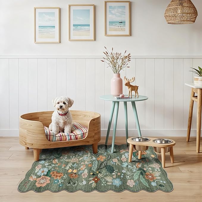 Washable Floral 2x4 Area Rug: Indoor Soft Scalloped Carpet for Entryway Kitchen Non-Slip Water Resistant Bathroom Laundry Floor Mat Low Pile Durable Nursery Door Mat Cute Home Decor(2x4 Floral/Green)