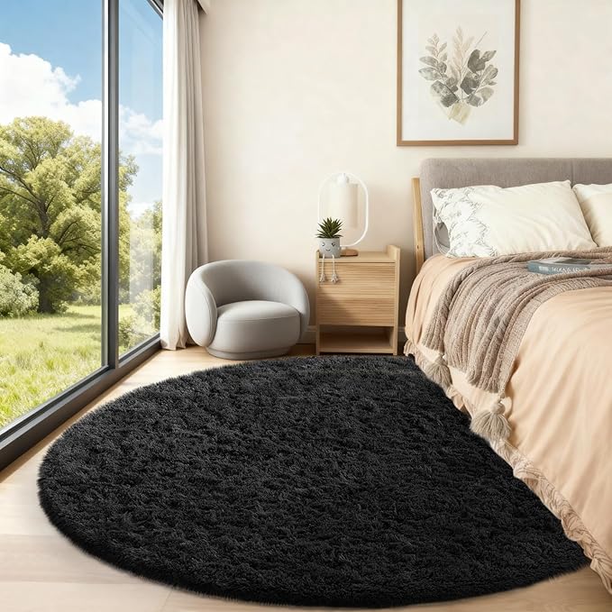 Ophanie Round Rug 6Ft Black Circle Area Rug, Room Decor for Men, Fluffy Fuzzy Bedroom Carpet, Plush Soft Shaggy Living Room Rugs for Kids Home Decor Aesthetic, Nursery