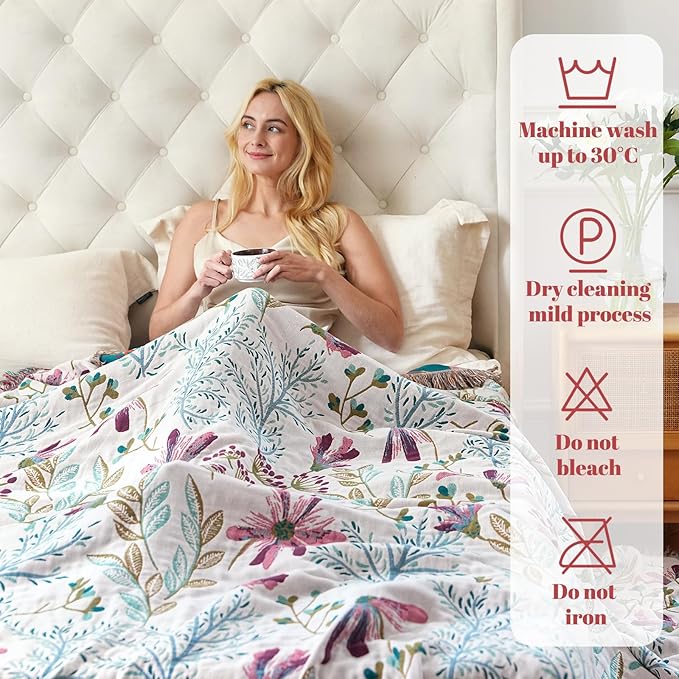 MSGKV Boho Throw Blanket for Couch 50"x60" Floral 100% Cotton Blanket Spring Breathable Lightweight Farmhouse Flower Blankets for Sofa Home Decor Muslin All Seasons