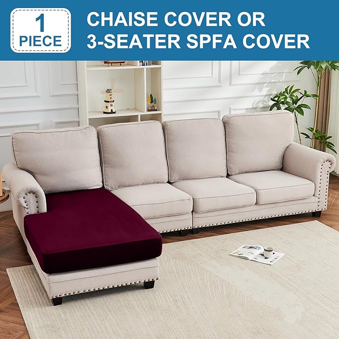 Couch Cover Velvet Chaise Cushion Cover for Sectional Sofas - Elastic L-Shaped Sofa Seat Covers Washable, Slipcover Protector (1-Piece, Wine)