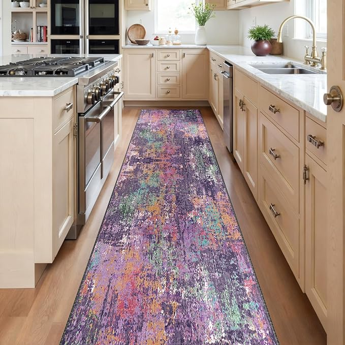 Washable Area Rugs 2'x10' Non-Slip Modern Abstract Soft for Living Room Entryway Bedroom Nursery, Print Pattern, Purple Orange Blue Green Rust Red Colorful