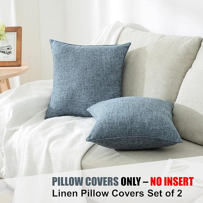 HPUK Linen Throw Pillow Covers Pack of 2, 20x20 Inch Accent Cushion Covers for Living Room, Bedroom, Decorative Solid Color Pillow Covers for Couch, Sofa, Chair, Blue