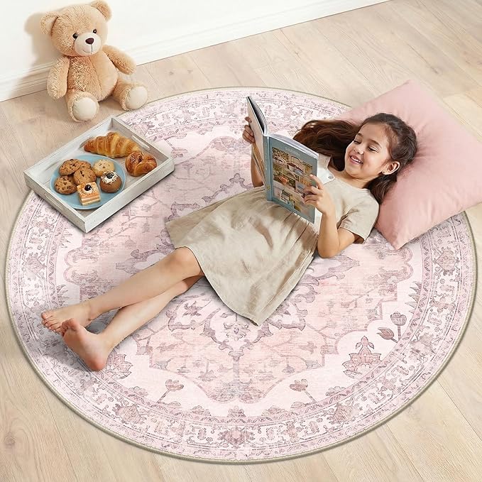 Area Rugs 4ft Washable Non-Slip, Floral Vintage Distress Print Pattern Medallion Carpet for Living Room Bedroom Dining Room, Pink Greypink Cute