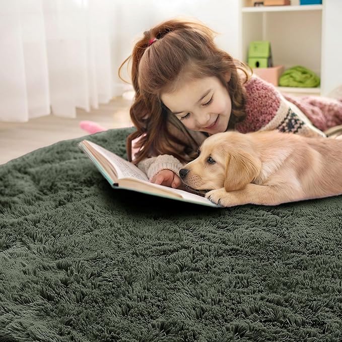 OLANLY Olive Green Round Rugs for Bedroom - Machine Washable, 9 ft Circle Area Rugs for Living Room, Soft and Fluffy Shaggy Carpet for Teen Girl and Boys, Nursery Rooms, Dorms, Home Decor Aesthetic