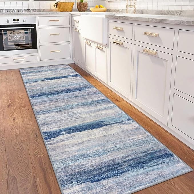 KOZYFLY 3x8 Ft Rug Modern Ombre Runner Rug for Hallway, Washable Kitchen Rugs Non-Slip Soft Striped Entryway Rug, Print Blue/Grey/Beige Abstract Carpet for Laundry Nursery