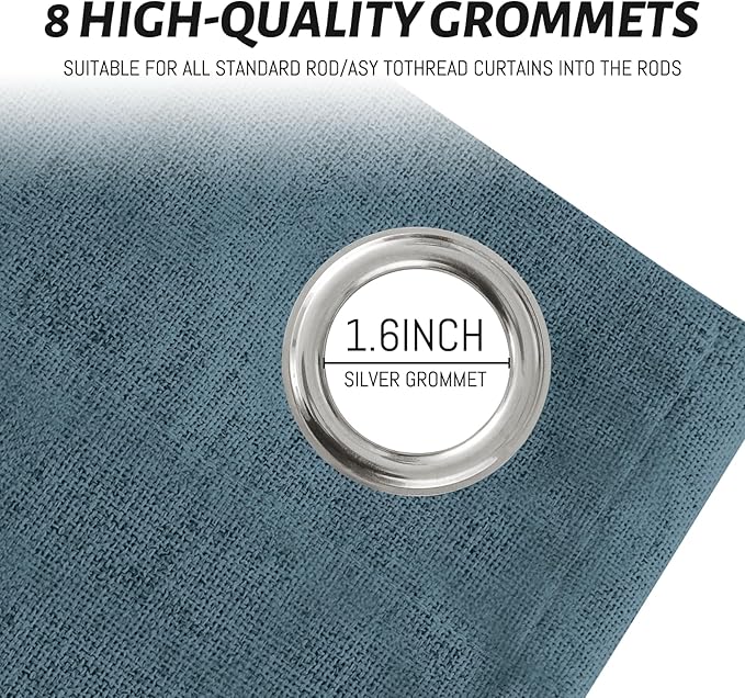Yakamok Dusty Blue Linen Curtains 100% Blackout 90 Inches Long,Room Darkening Textured Curtains for Living Room Thermal Grommet Bedroom Curtain 2 Panels with White Liner