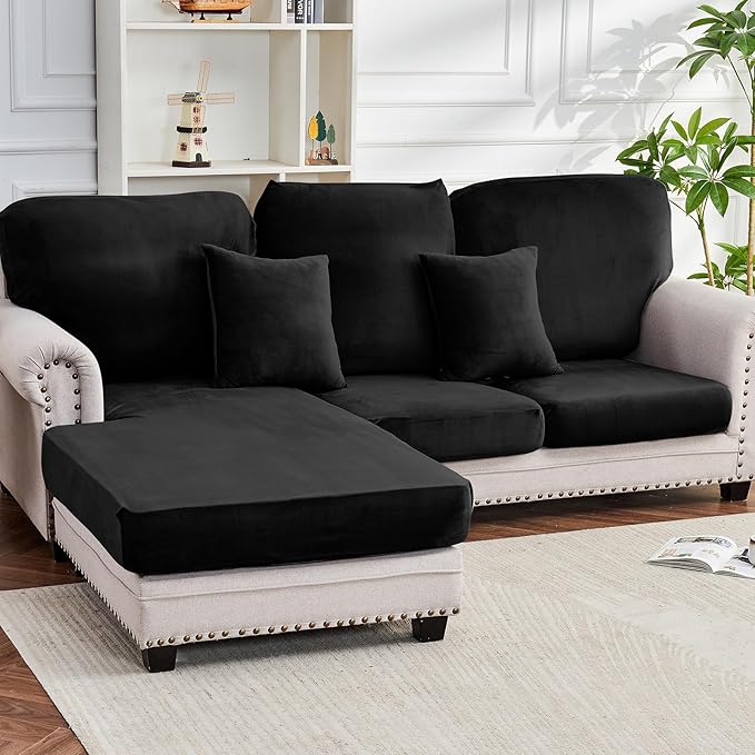 Couch Cover 6-Piece Elastic Velvet Couch Cushion Covers & Chaise Slipcovers for L-Shaped Sofas, Sofa Seat Covers Washable, Soft Cover for Couches (5 Seater + Chaise, Black)
