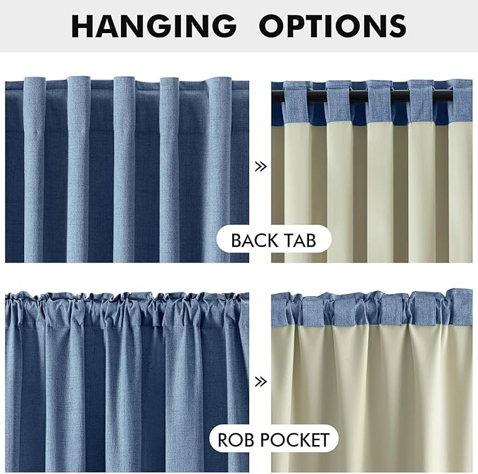 MIULEE 100% Blackout Linen Curtains for Bedroom, Blue Solid Luxury Decor Thermal Insulation Room Darkening Drapes for Living Room Nursery Back Tab Rod Pocket 42 x 84 Inches, 2 Panels