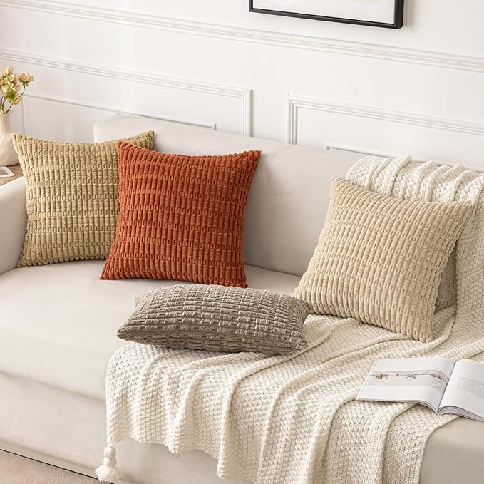 MIULEE Pack of 2 Corduroy Decorative Euro Sham Throw Pillow Covers 22x22 Inch Soft Boho Striped Pillow Covers Modern Farmhouse Home Decor for Sofa Living Room Couch Bed Tan