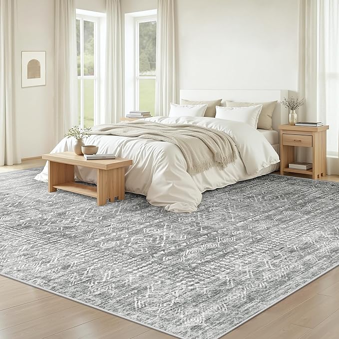 Living Room Rugs 8x10: Washable Moroccan Geometric Boho Rug Farmhouse Non Slip Stain Resistant Large Rug Low Pile Soft Carpet for Bedroom Dining Room Children Room (Grey,8'x10')