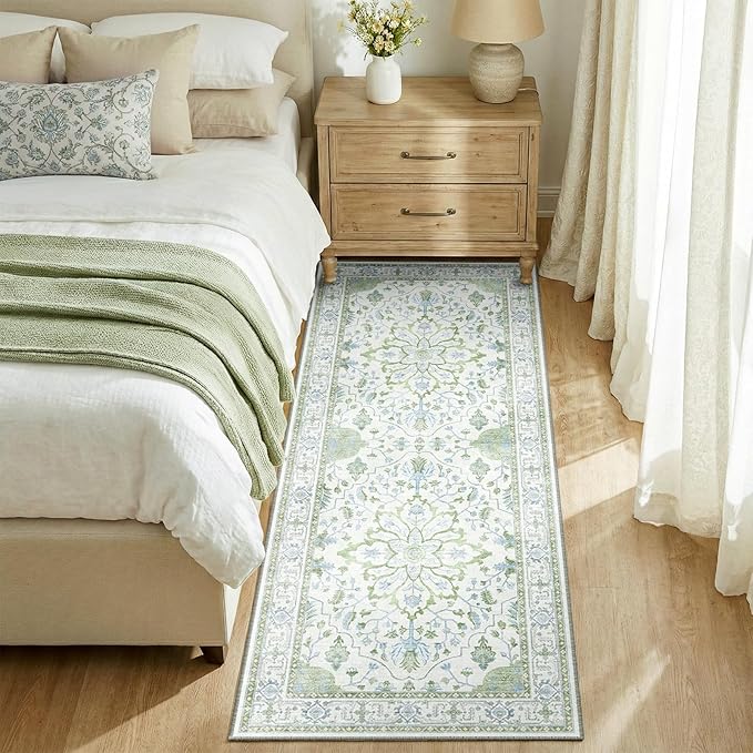 Area Rugs 2'x6' Runner Rug Non Slip Washable for Kitchen Hallway Bedroom Beside Laundry Room Bathroom Rug, Floor Carpet, Green White Blue