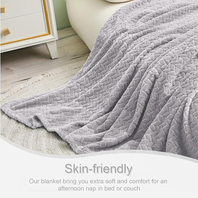 Exclusivo Mezcla Light Grey Fleece Queen Size Blanket for Bed, 90x90 Inches Soft Cozy 3D Decorative Jacquard Flannel Blankets, Lightweight Fuzzy Plush Warm Blankets for All Seasons