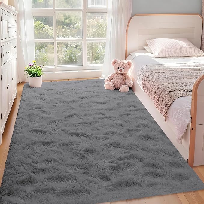 Dark Grey Rugs for Bedroom: 4x6 Fluffy Shag Soft Washable Rug Fuzzy Plush Indoor Carpet for Living Room Kids Girls Boys Room Nursery Dorm (Grey, 4'x6')