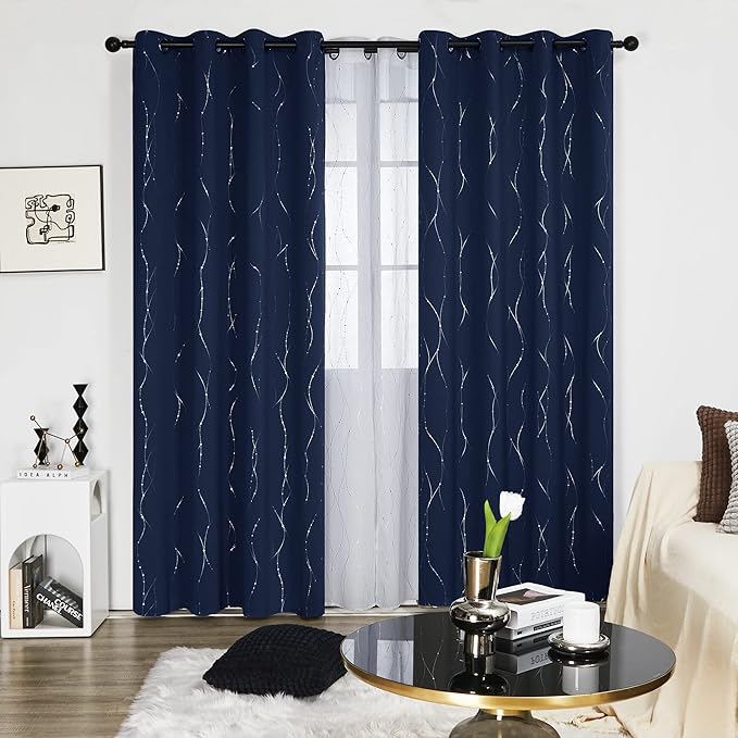 Deconovo Blackout Curtains for Living Room, Thermal Insulated Soundproof Drapes, Wave Dots Silver Print, 52 x 95 Inches Long, 2 Panels, Machine‑Washable Window Panel for Bedroom Patio Door, Navy Blue