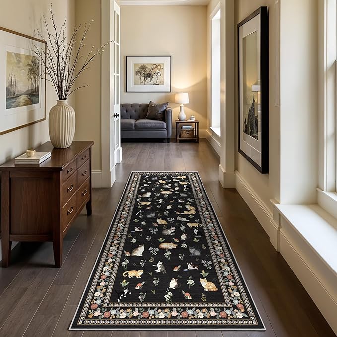 2x6 Washable Kitchen Runner Rug - Soft Low Pile Floral Animal Cat Print Rugs with Non-Slip Backing Waterproof Stain-Resistant Indoor Carpet for Hallway Entryway Bathroom Bedroom (Black)