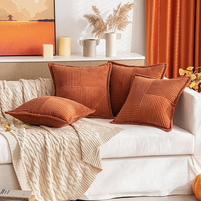 MIULEE Rust Decorative Throw Pillow Covers for Couch Bed Livingroom 20x20 Inch Set of 2 Boho Accent Throw Pllows Broadside Striped Patchwork Soft Corduroy Pillowcases