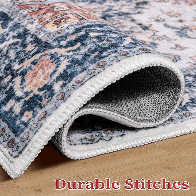 SERISSA Area Rug 3x5 Boho Rugs for Bedroom, Washable Kitchen Rugs Non-Slip, Ultra Soft Print Distressed Tribal Entry Rug Low-Pile Throw Rug Blue Orange Carpet for Bedroom Nursery Living Room Decor