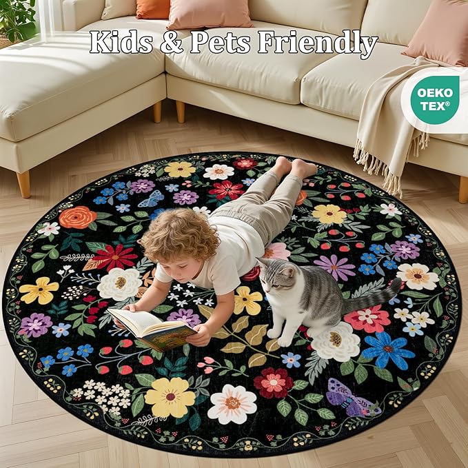 Round Area Rug for Living Room: 6 ft Floral Washable Circle Rug Soft Boho Non-Slip Carpet Indoor Stain Resistant Low Pile Small Circular Rug for Bedroom Entryway Kitchen Nursery Home Office Black