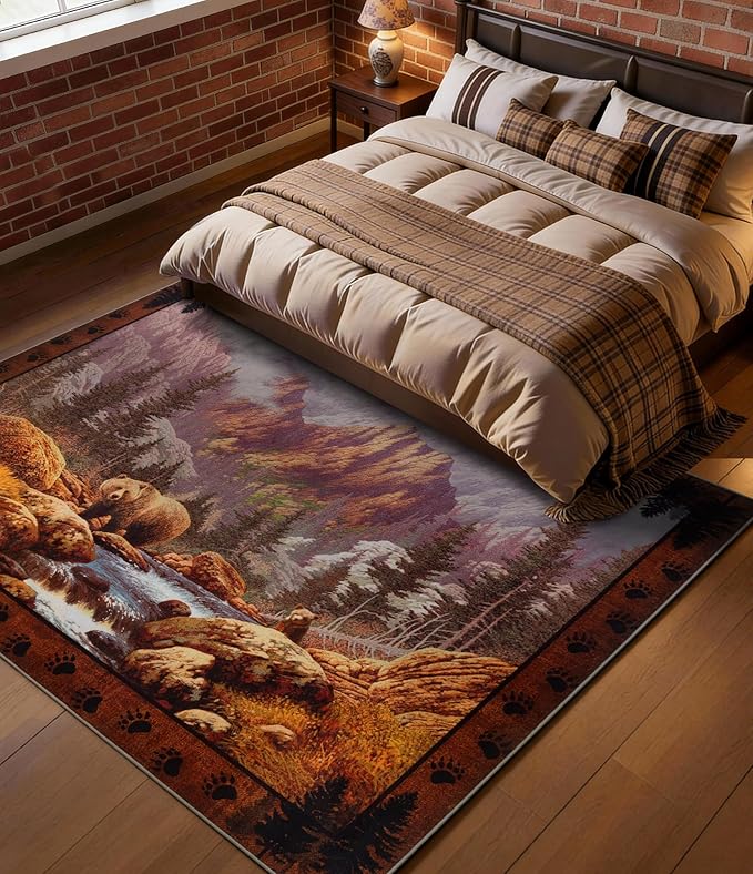 YIHOUSE Rustic Cabin Area Rug for Bedroom 5x7,Machine Washable Woodland Bear Rug,Non-Slip Low Pile Print Pattern Mountain Rug for Living Room
