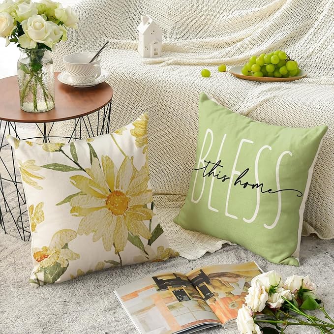 AVOIN colorlife Home Sweet Home Spring Summer Flowers Green Throw Pillow Covers, 16 x 16 Inch Cushion Case for Sofa Couch Set of 4