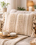 Decorative Boho-Chic Square Pillow Cover 18x18 Handwoven Tufted Braided Cotton Accent Pillows, Neutral Throw Cushion for Couch, Sofa or Bed, Farmhouse & Bohemian Home Decor, Trendy USA Design