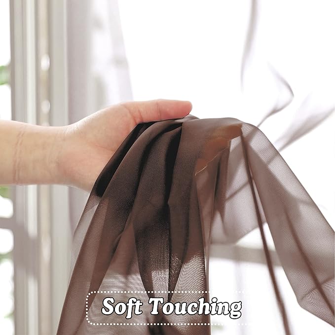 OVZME Chocolate Brown Sheer Curtains 45 Inches Long 2 Panels, Light Filtering Sheer Curtains for Bedroom, Elegant Airy Draperies for Living Room Nursery Room, Dual Rod Pocket, Each 42Wx 45L
