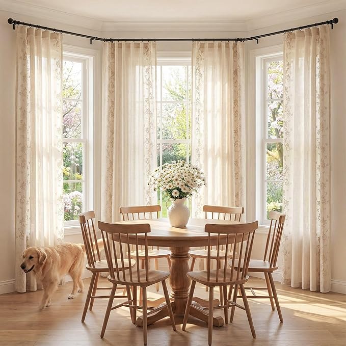 jinchan Evelyn Embroidered Linen Curtains for Living Room Farmhouse Floral Curtains for Bedroom Semi Sheer Light Filtering Window Drapes Rod Pocket Back Tab 2 Panels W50 x L96 Beige