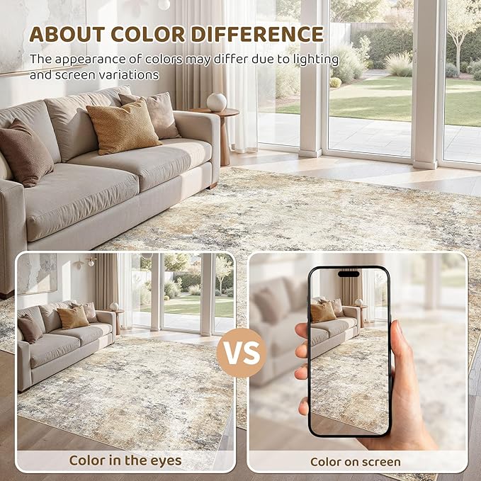 UERMEI 6x9 Area Rug Living Room Rugs - Washable Neutral Modern Abstract Soft Thin Large Rug Indoor Floor No Slip Rug Carpet for Bedroom Under Dining Table Home Office Decor - Golden Grey