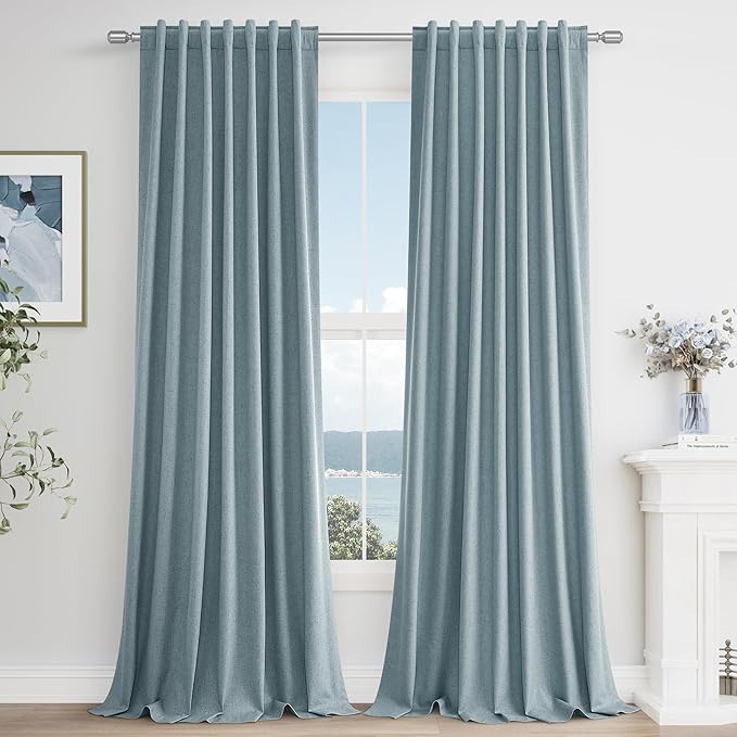 Guken Blue 100% Blackout Linen Curtains 100 Inch Length 2 Panels Set for Living Room Bedroom Back Tab Thermal Insulated Black Out Drapes Room Darkening Farmhouse Window Curtains Dusty Blue