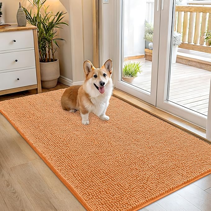 OLANLY Dog Door Mat for Muddy Paws 54x32, Absorbs Moisture and Dirt, Absorbent Non-Slip Washable Doormat, Quick Dry Chenille Mud Mat for Dogs, Entry Indoor Entryway Carpet for Inside Floor, Orange