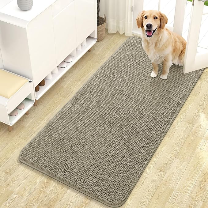 OLANLY Dog Door Mat for Muddy Paws 47x24, Absorbs Moisture and Dirt, Absorbent Non-Slip Washable Doormat, Quick Dry Chenille Mud Mat, Entry Indoor Entryway Carpet for Inside Floor, Warm Taupe