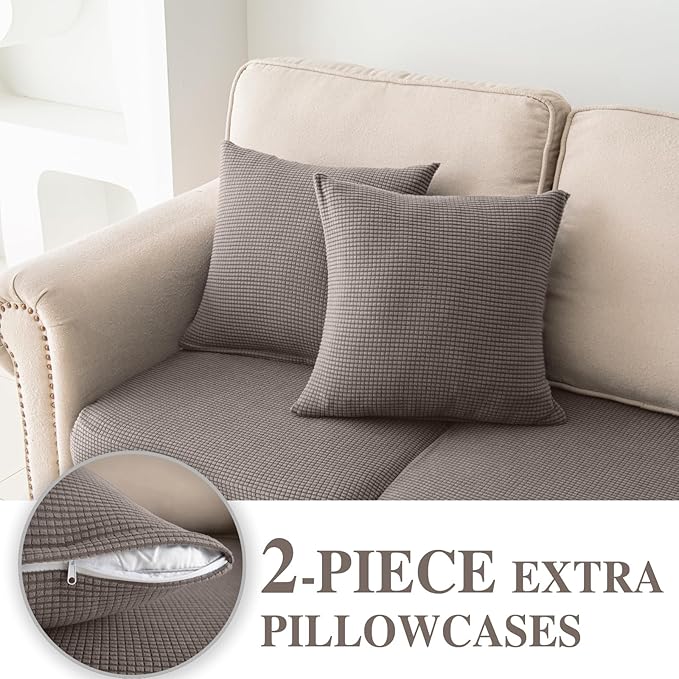 Couch Cushion Covers for Sectional Sofa L Shape Washable Separate Seat Chaise Couch Cover Stretch Sofa Slipcovers with 2 Pcs Pillowcases(2 Seater + 1 Chaise, Taupe)