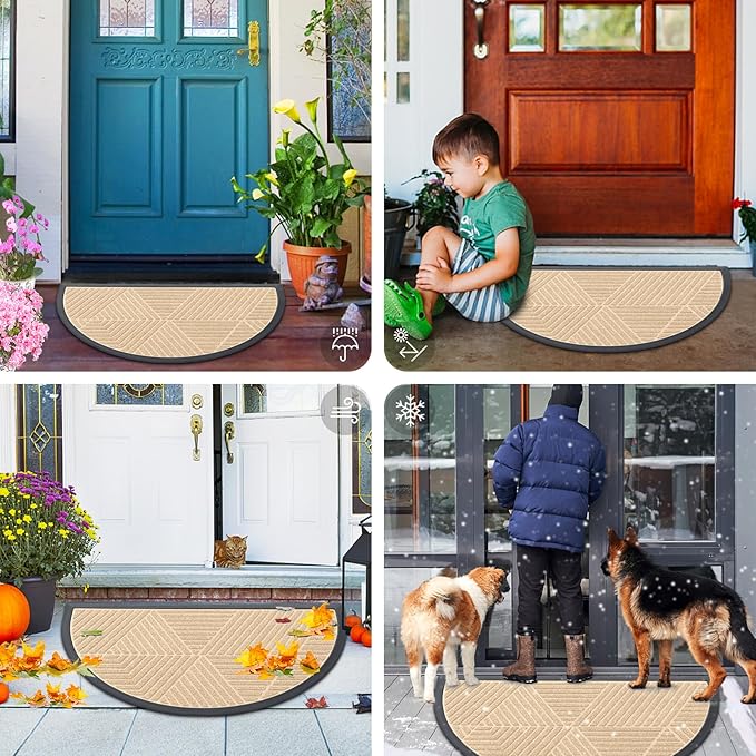 Smiry Half Circle Front Door Mat Outside Entrance, Heavy Duty Sturdy Natural Rubber Doormat, Trap Dirt and Moisture, Low Profile Mats for Indoor Outdoor Entry, Irregular Triangle (35x23, Beige)