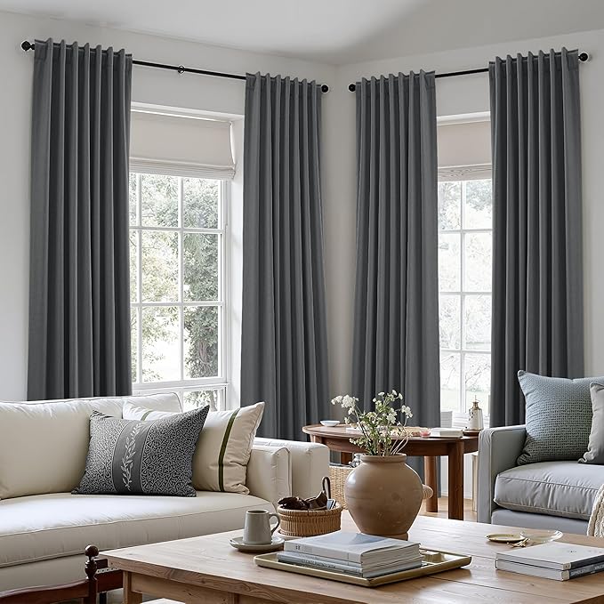 Guken 100% Blackout Curtains 102 Inch Length 2 Panels Set for Living Room Bedroom Back Tab Thermal Insulated Black Out Linen Drapes Room Darkening Blazer Grey,52x102