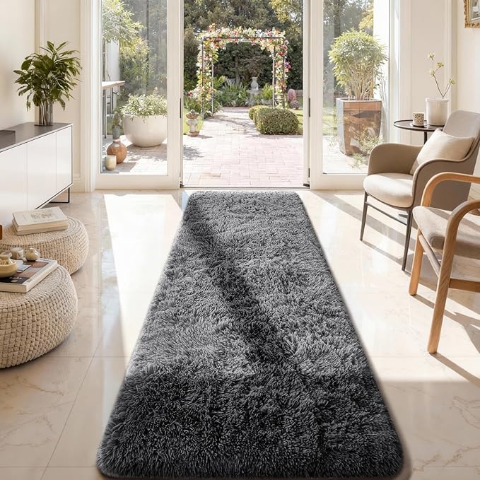 Ophanie 2x8 Runner Rug for Hallway, Upgrade Non-Slip Fluffy Soft Bedside Rugs, Bedroom Living Room Grey Shaggy Gray Carpet for Kids Girls Boys Dorm Nursery Home Decor Aesthetic
