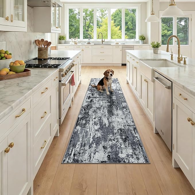 Washable Area Rugs 2x7 Non-Slip Modern Abstract Soft for Living Room Entryway Bedroom Nursery, Print Pattern, Black Navy Blue Gray