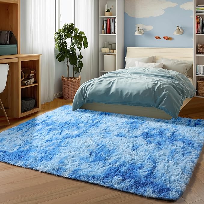 ONASAR Area Rugs for Bedroom Living Room, Fluffy Fuzzy Shag Shaggy 4x6 Bedside Tie-Dye Blue Rug, Soft Plush Indoor Floor Carpet for Nursery Kids Girls Boys Teen Dorm Home Office Decor Aesthetic