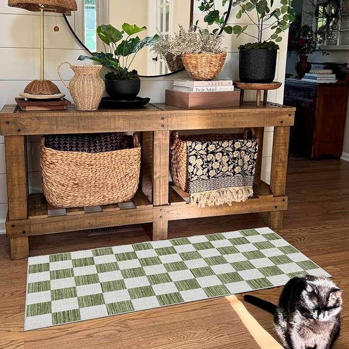 Front Door Mat Indoor Entrance - 2x4.3 Ft Green White Non-Slip Washable Doormat Outdoor Entrance Porch Rug Checkered Runner Rug for Kitchen Hallway Bedroom Laundry Room Porch Decor